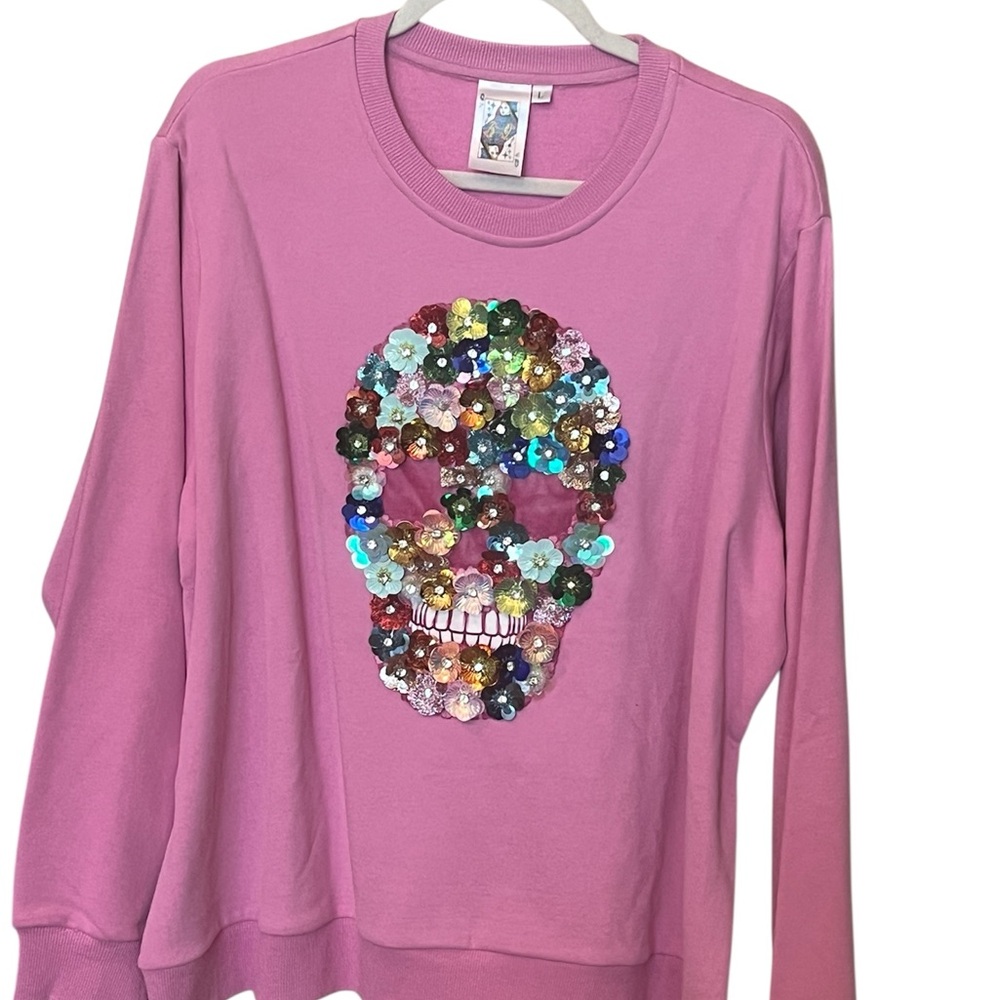 QUEEN OF SPARKLES Pink Sequin Skull Top